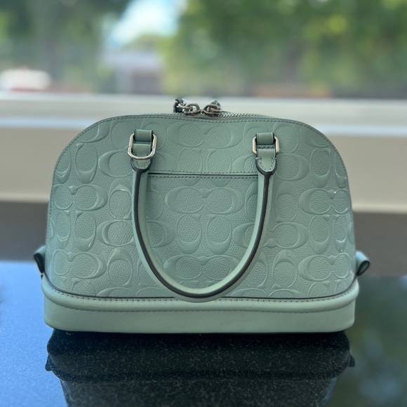 COACH MINI SIERRA SATCHEL IN SIGNATURE DEBOSSED PATENT LEATHER F55450 SV/AQUA - Picture 5 of 14